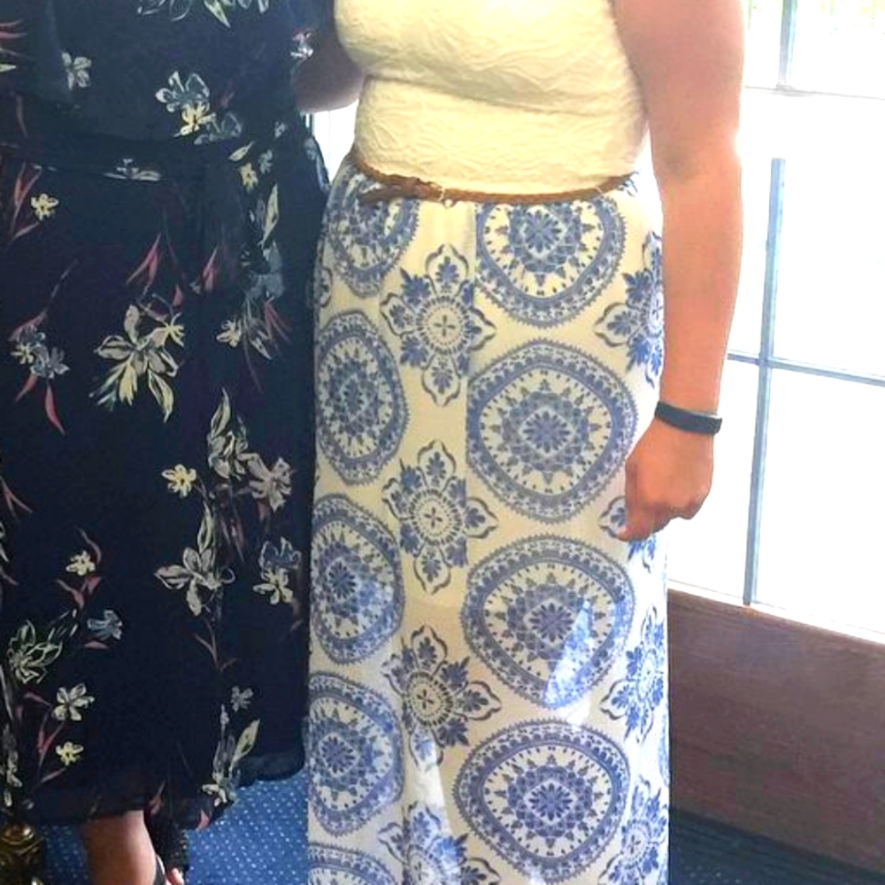 White dress with blue design